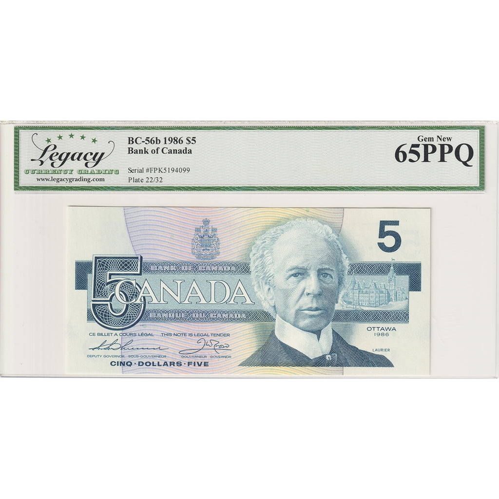 BC-56b 1986 Canada $5 Thiessen-Crow, FPK Legacy Certified GUNC65 PPQ
