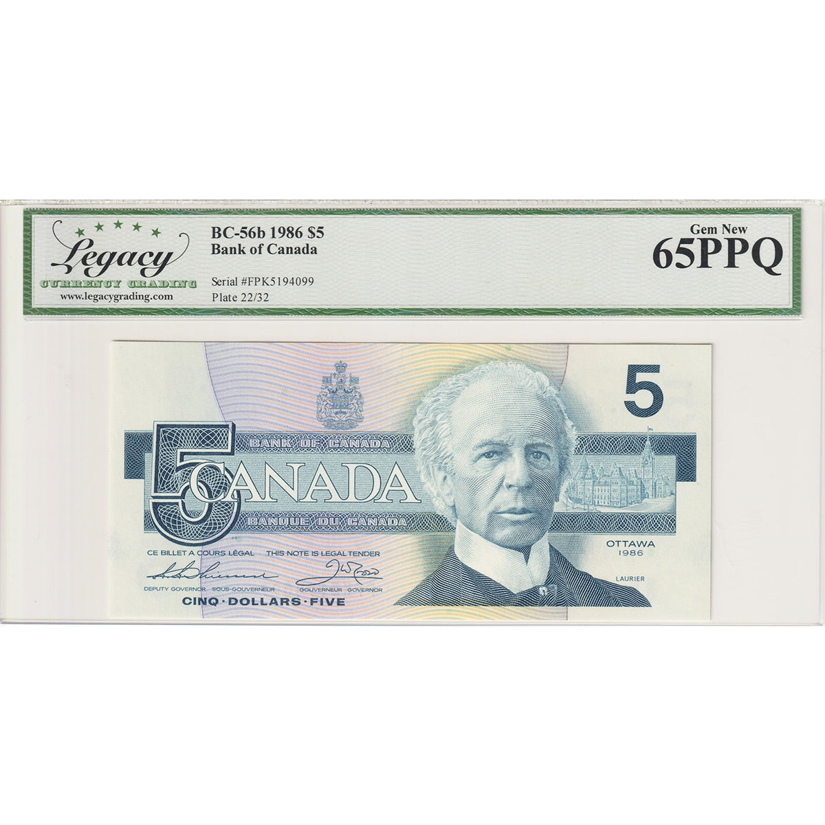 BC-56b 1986 Canada $5 Thiessen-Crow, FPK Legacy Certified GUNC65 PPQ