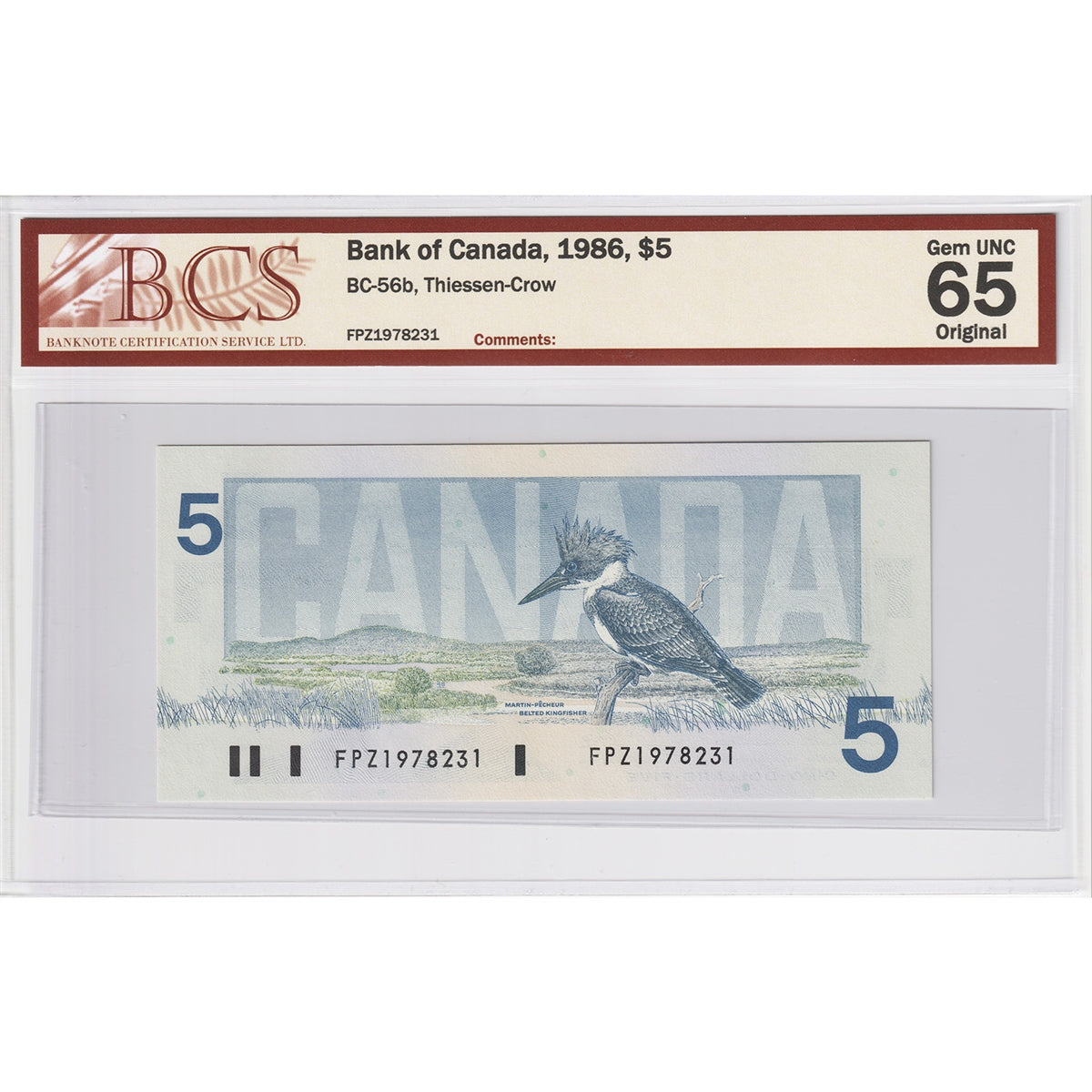 BC-56b 1986 Canada $5 Thiessen-Crow, FPZ BCS Certified GUNC65 Original