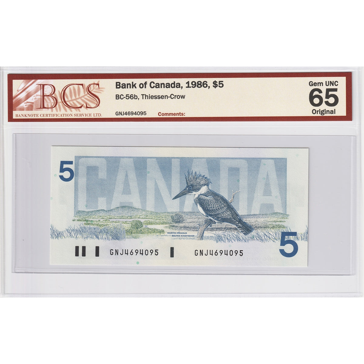 BC-56b 1986 Canada $5 Thiessen-Crow, GNJ BCS Certified GUNC65 Original