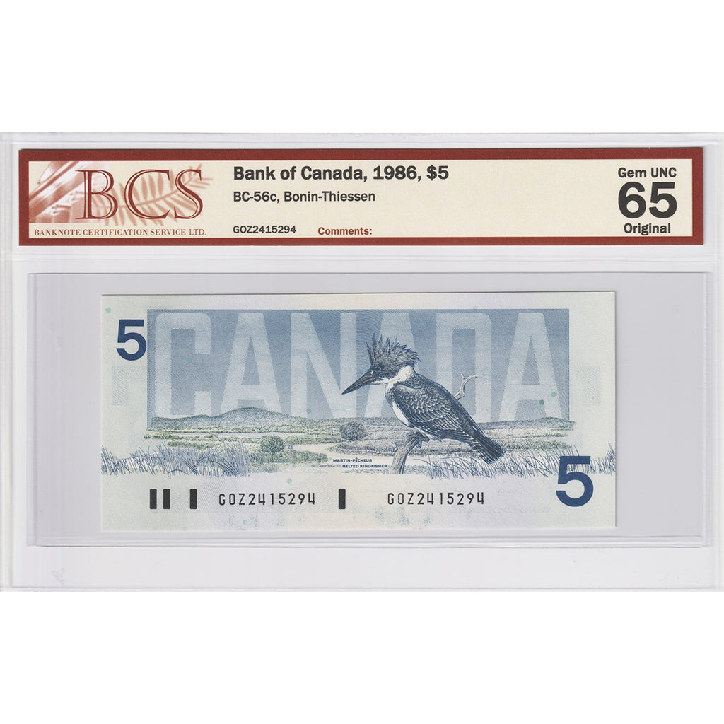 BC-56c 1986 Canada $5 Bonin-Thiessen, GOZ BCS Certified GUNC65 Original