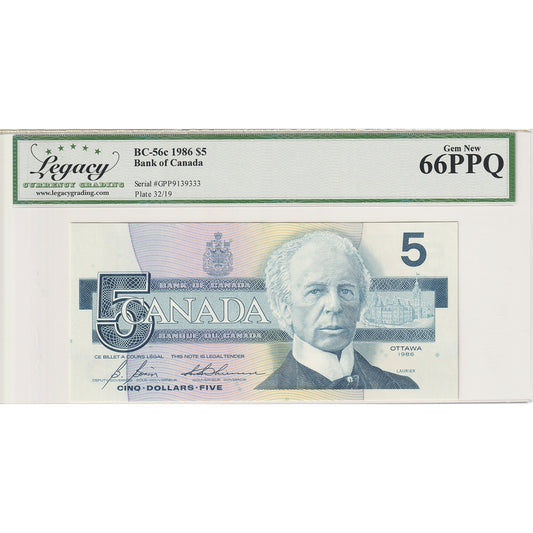 BC-56c 1986 Canada $5 Bonin-Thiessen, GPP BCS Certified GUNC66 PPQ