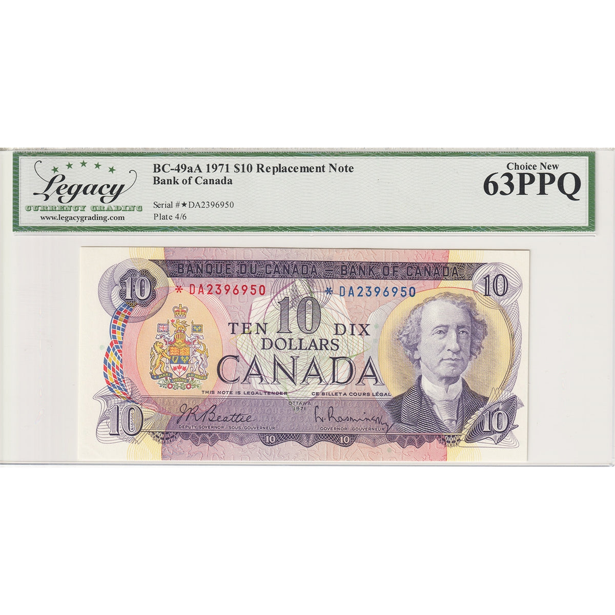 BC-49aA 1971 Canada $10 Beattie-Rasminsky, Replacement, *DA Legacy Certified CUNC63 PPQ