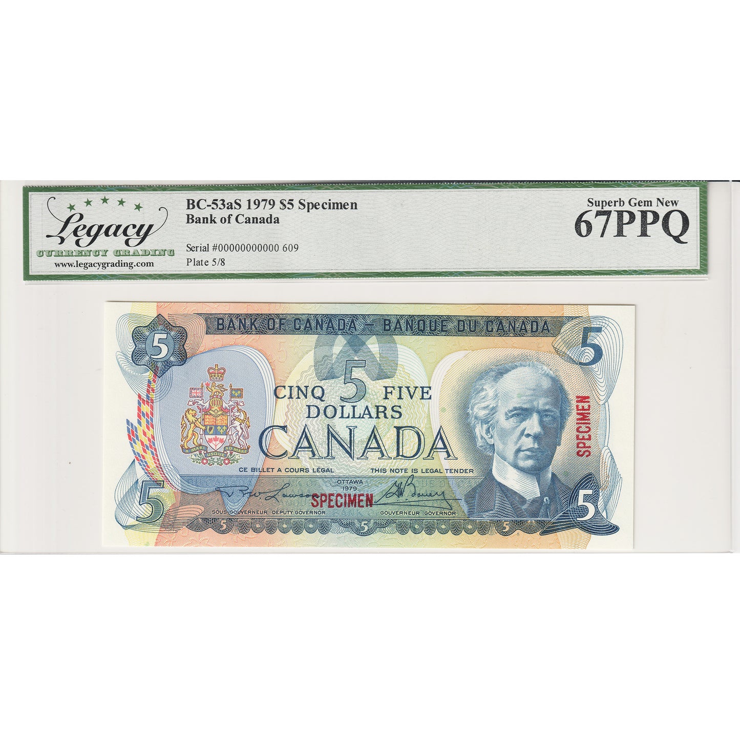 BC-53aS 1979 Canada $5 Lawson-Bouey, Specimen 609 Legacy Certified GUNC67 PPQ