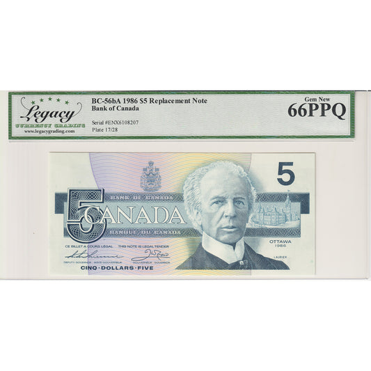 BC-56bA 1986 Canada $5 Thiessen-Crow, ENX Legacy Certified GUNC66 PPQ