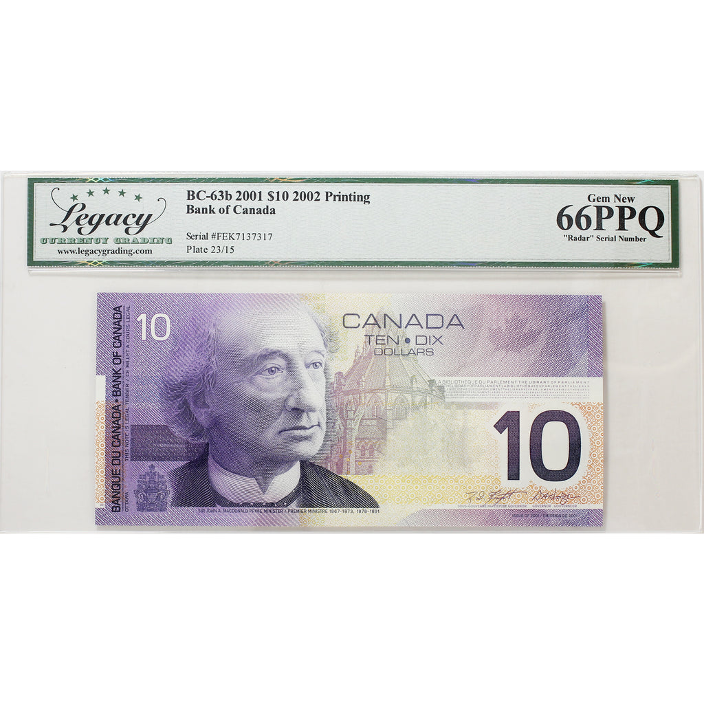 BC-63b 2001 Canada $10 K-D, 2002, 3 Digit RADAR FEK7137317 Legacy Certified GUNC66 PPQ