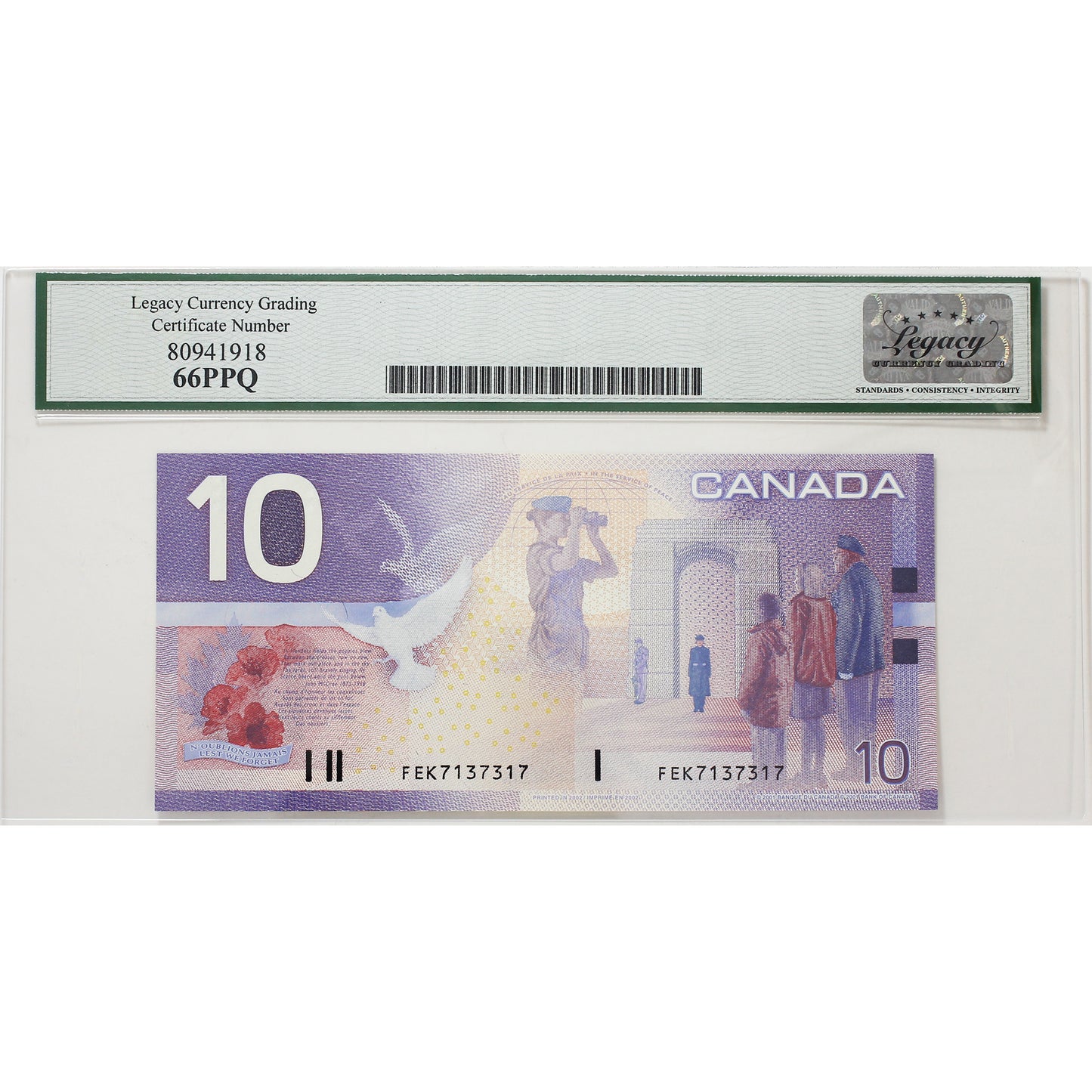 BC-63b 2001 Canada $10 K-D, 2002, 3 Digit RADAR FEK7137317 Legacy Certified GUNC66 PPQ