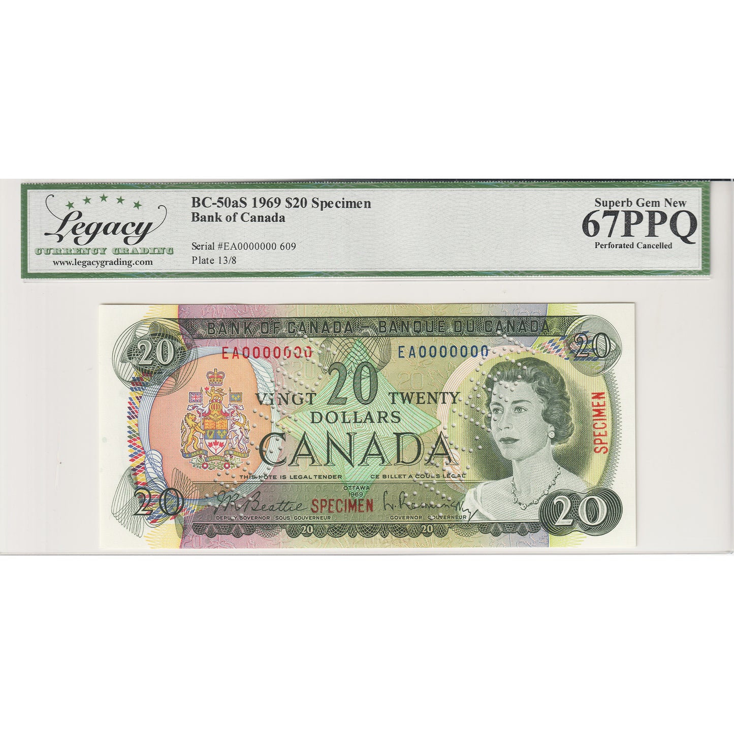 BC-50aS 1969 Canada $20 B-R, Specimen 609, EA Legacy Certified GUNC67 PPQ Cancelled