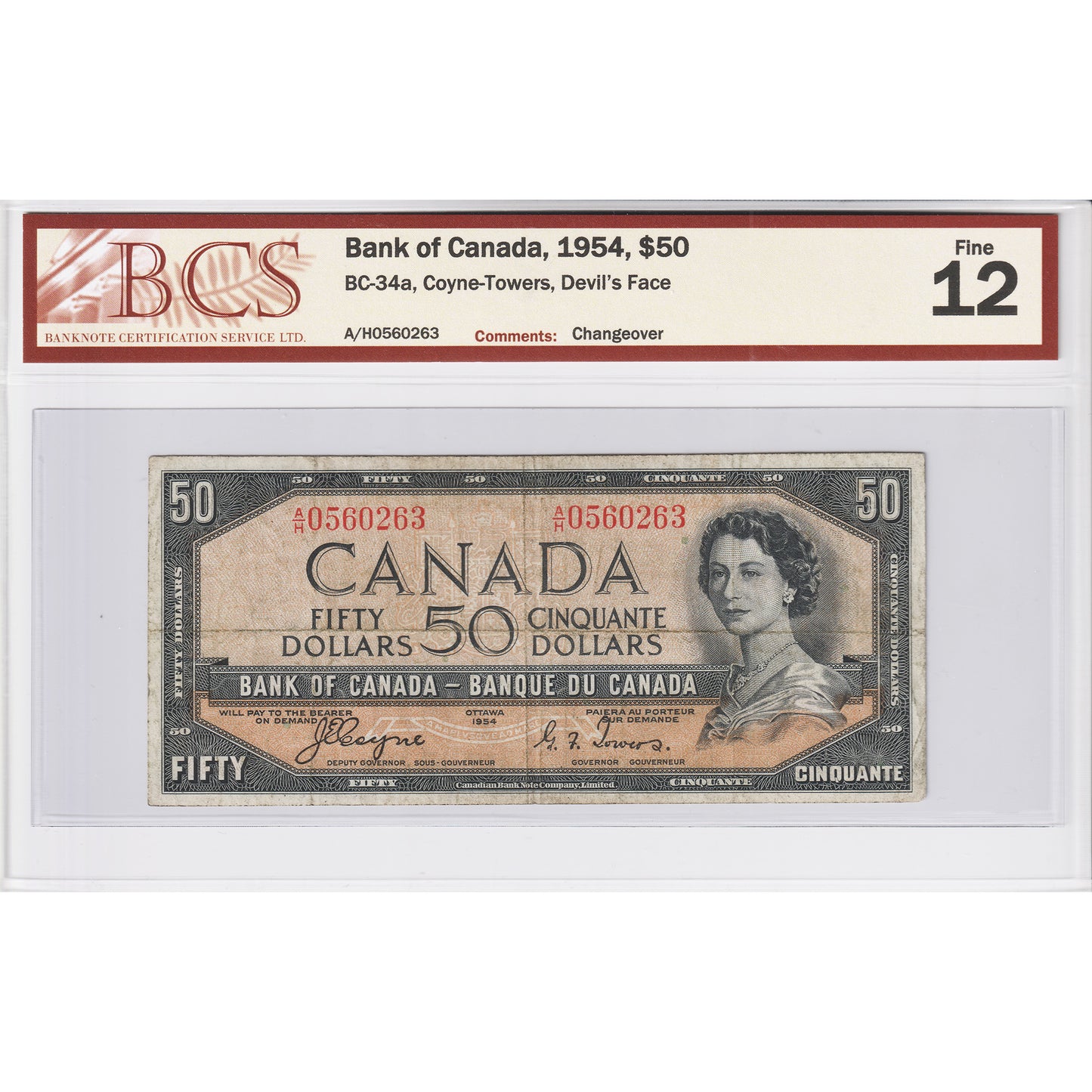 BC-34a 1954 Canada $50 Coyne-Towers, Devil's Face, Changeover, A/H BCS Certified F12
