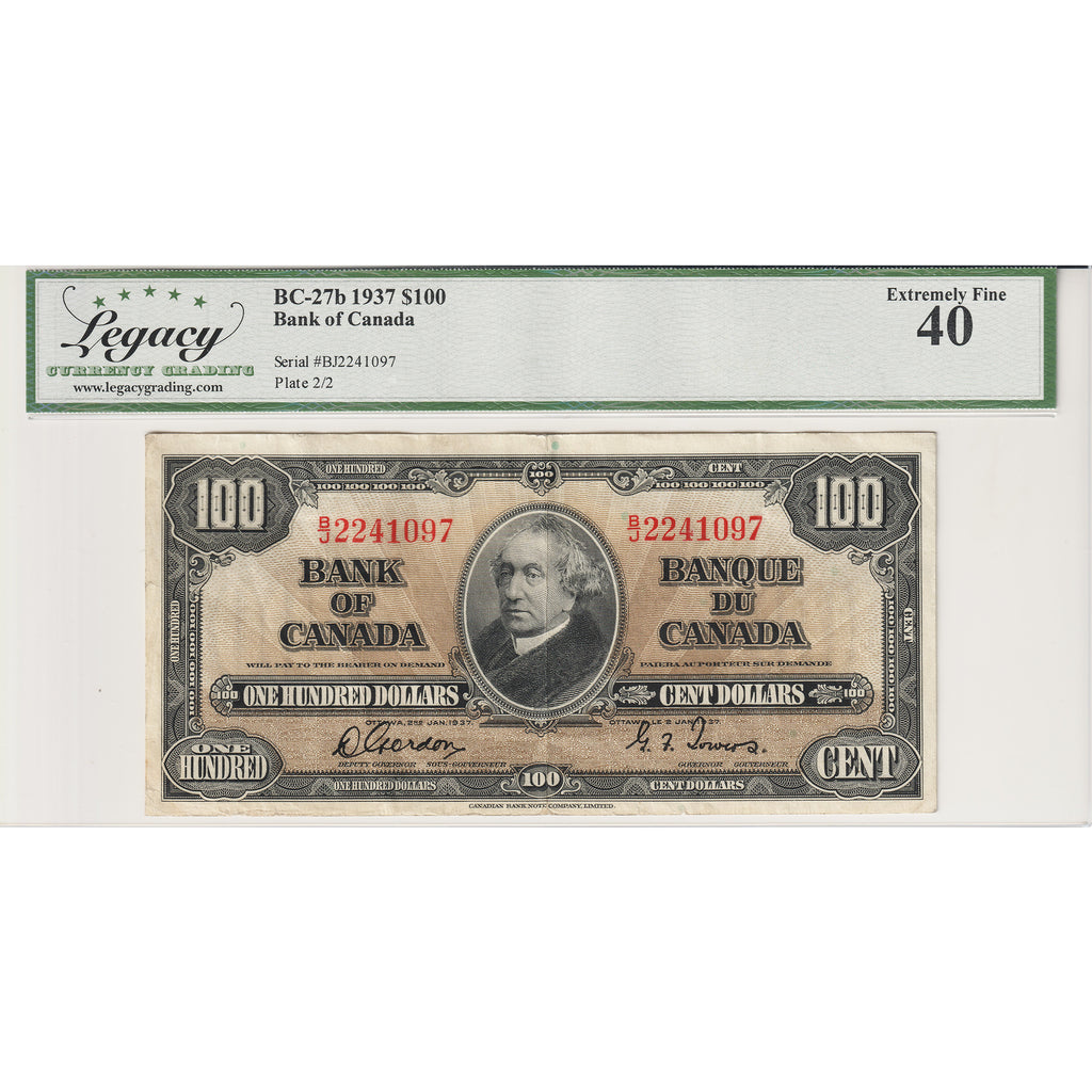 BC-27b 1937 Canada $100 Gordon-Towers, B/J Legacy Certified EF40