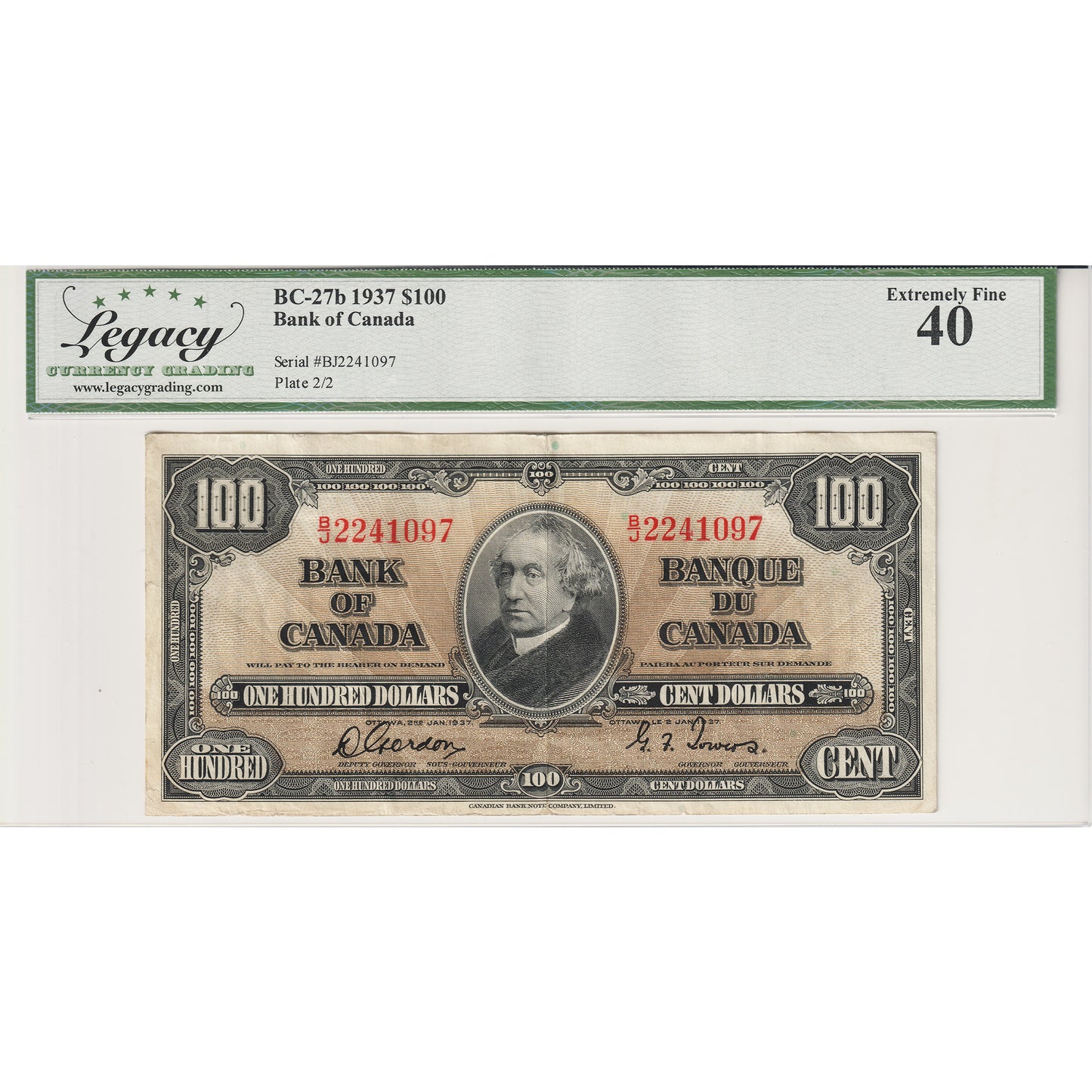BC-27b 1937 Canada $100 Gordon-Towers, B/J Legacy Certified EF40