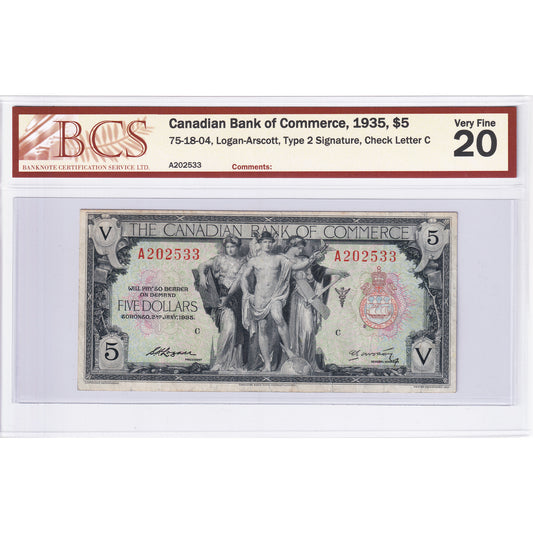 75-18-04 1935 Canadian Bank of Commerce $5 Logan-Arscott, Type 2, C BCS Certified VF-20