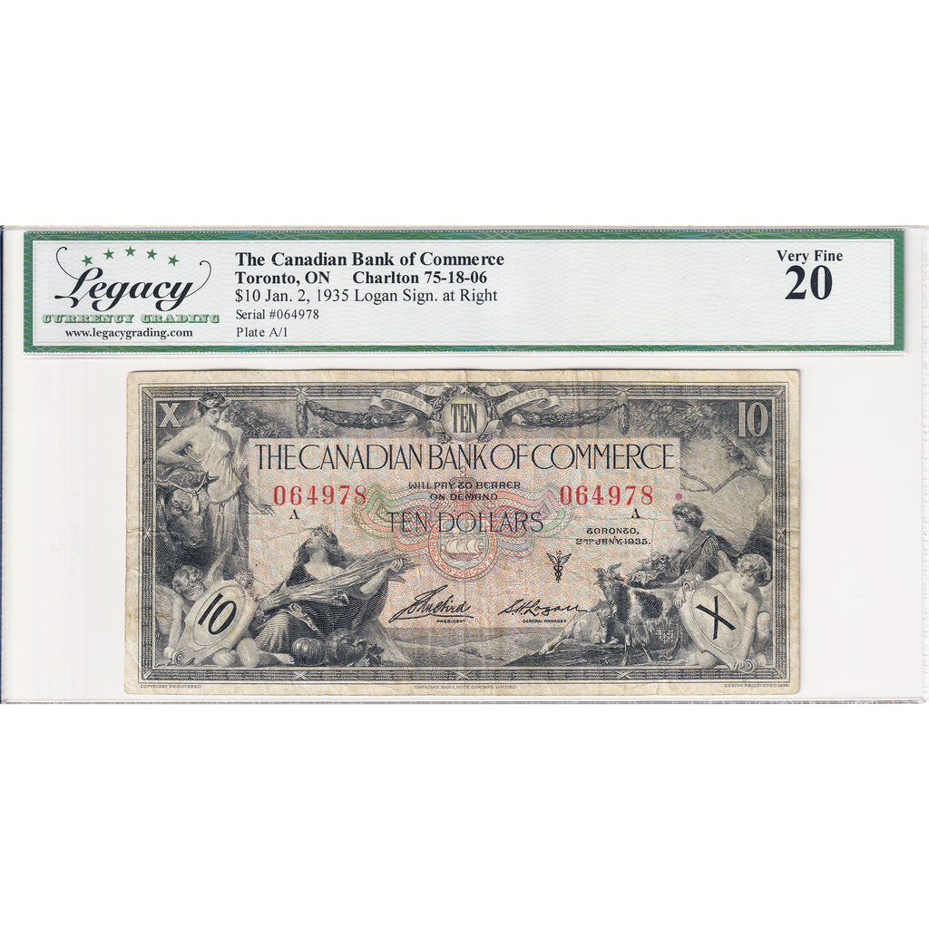 75-18-06 1935 Canadian Bank of Commerce $10 Aird-Logan, Check B Legacy Cert. VF-20