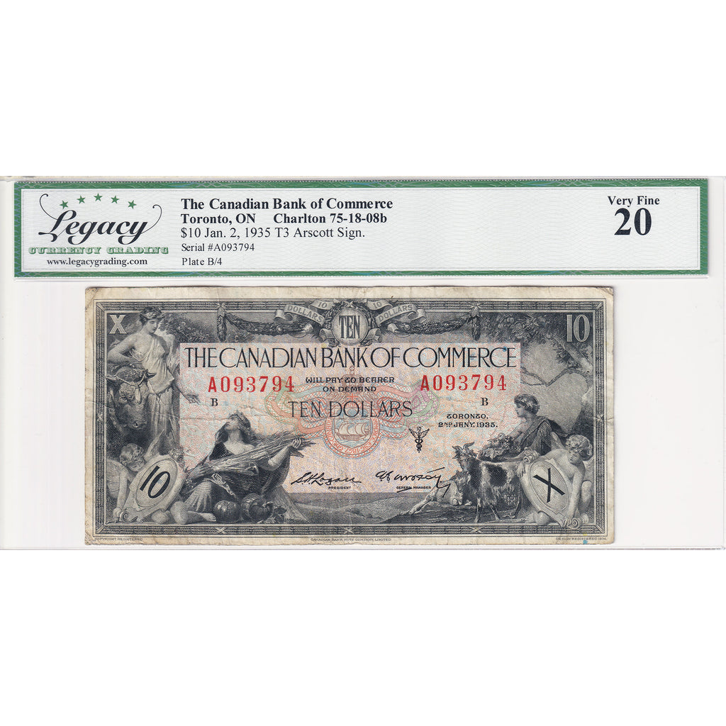 75-18-08b 1935 Canadian Bank of Commerce $10 Logan-Arscott, Check B Legacy Cert. VF-20
