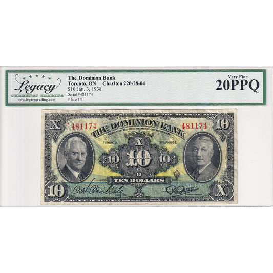 220-28-04 1938 Dominion Bank $10 Carlisle-Rae Legacy Certified VF-20 PPQ