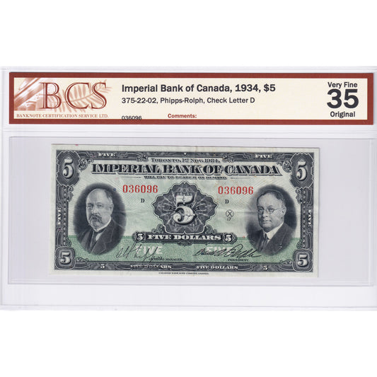 375-22-02 1934 Imperial Bank $5 Phipps-Rolph, Check Letter D BCS Certified VF-35 Original