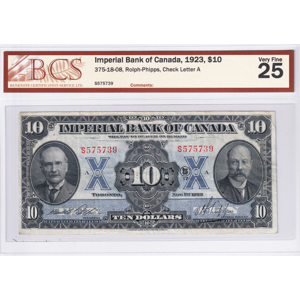 375-18-08 1923 Imperial Bank $10 Rolph-Phipps, Check Letter A BCS Certified VF-25