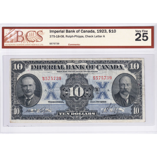 375-18-08 1923 Imperial Bank $10 Rolph-Phipps, Check Letter A BCS Certified VF-25