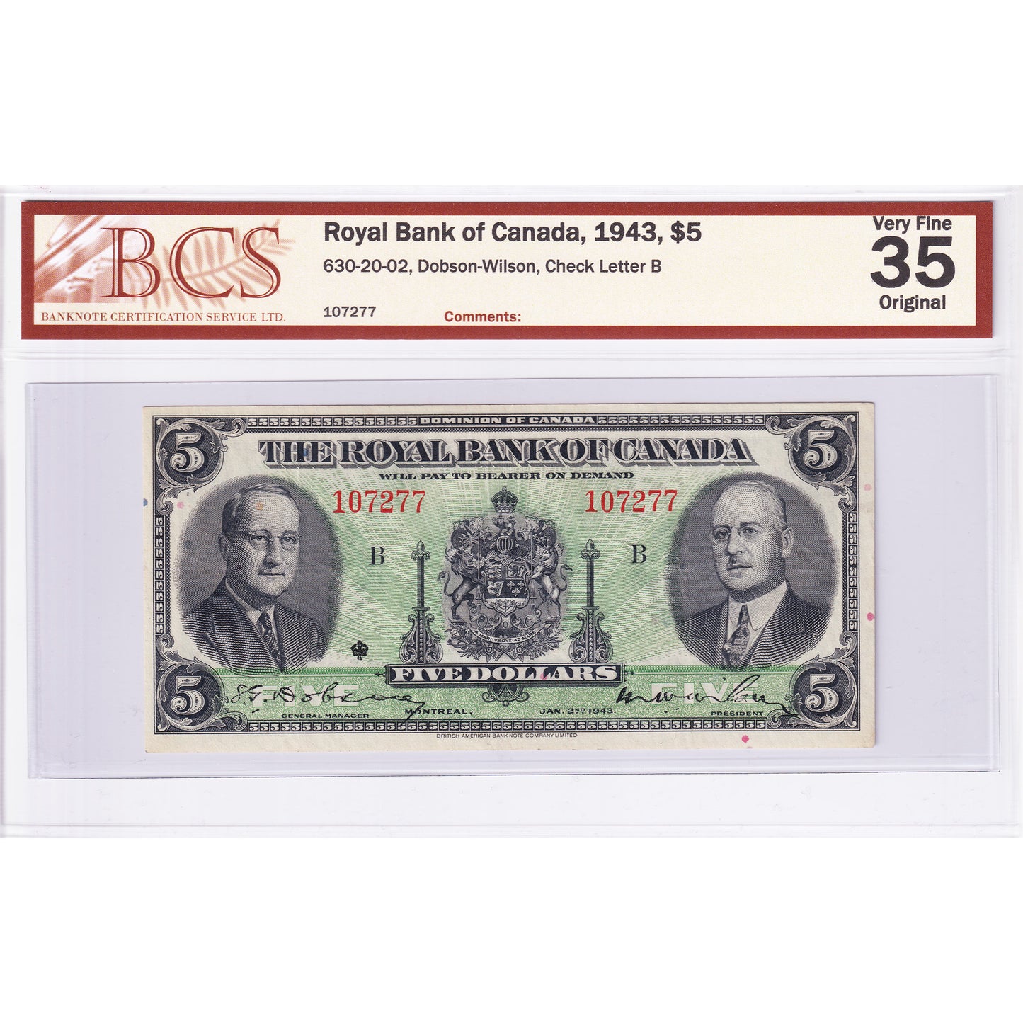630-20-02 1943 Royal Bank $5 Dobson-Wilson, Check Letter B BCS Certified VF-35 Original