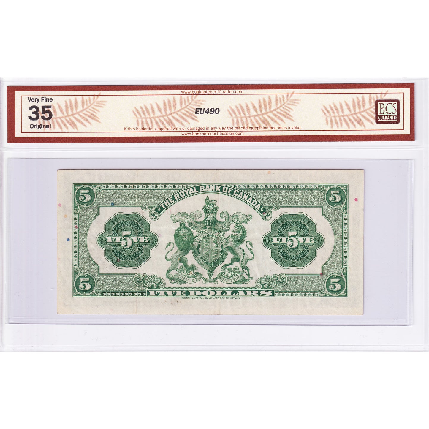630-20-02 1943 Royal Bank $5 Dobson-Wilson, Check Letter B BCS Certified VF-35 Original