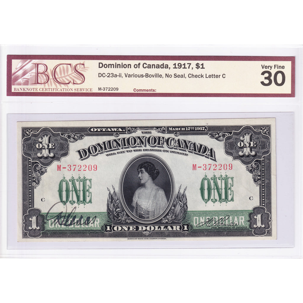 DC-23a-ii 1917 Dominion $1 Various-Boville, No Seal, M, Check Letter C, BCS Cert. VF-30