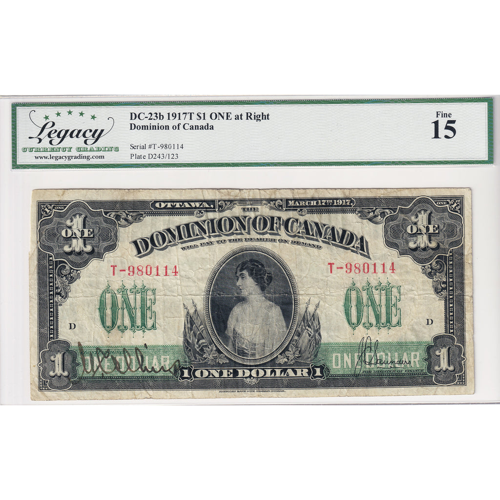 DC-23b 1917 Dominion $1 Various-Saunders, No Seal, Series T, Check D Legacy Cert. F-15