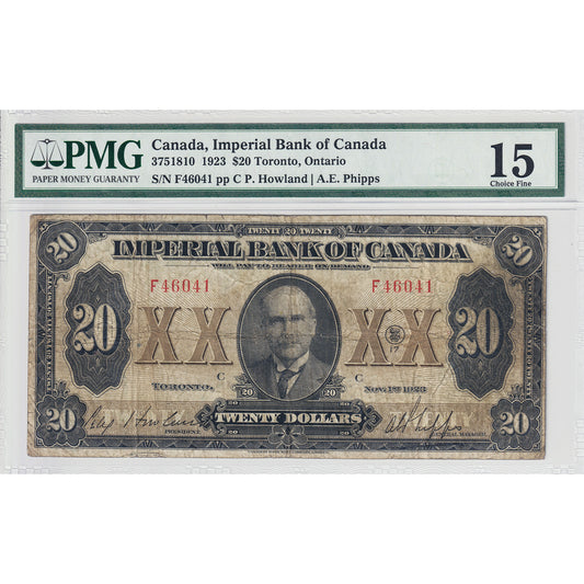 375-18-10 1923 Imperial Bank $20 Howland-Phipps, Toronto, Check C PMG Certified F-15