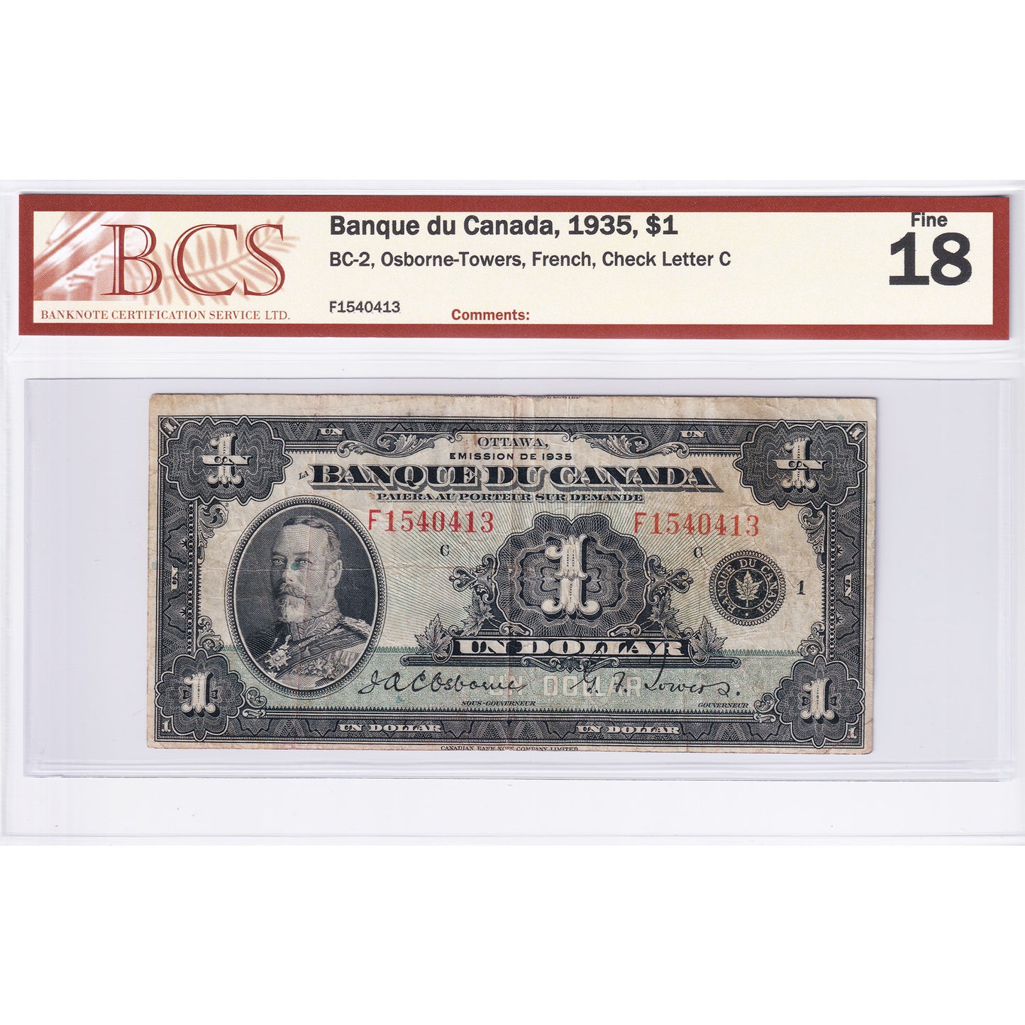BC-2 1935 Canada $1 Osborne-Towers, French, Series F, Check Letter C BCS Certified F-18