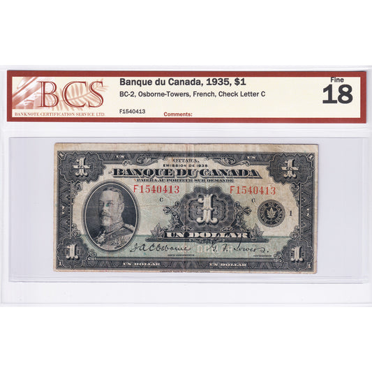 BC-2 1935 Canada $1 Osborne-Towers, French, Series F, Check Letter C BCS Certified F-18