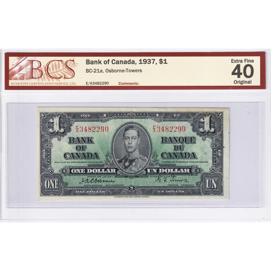 BC-21a 1937 Canada $1 Osborne-Towers, E/A BCS Certified EF-40 Original