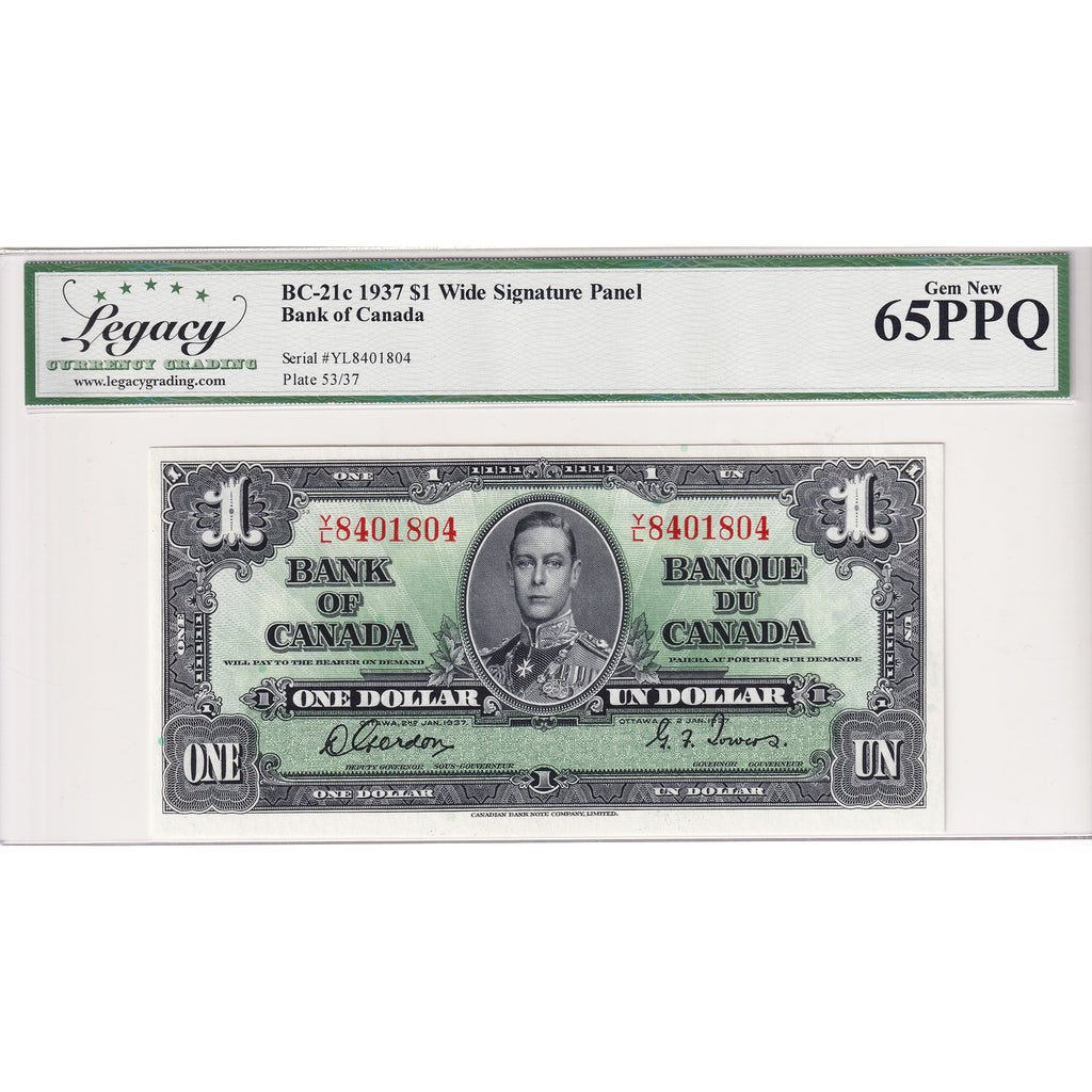 BC-21c 1937 Canada $1 Gordon-Towers, Wide Sig. Panel, Y/L Legacy Certified GUNC-65 PPQ