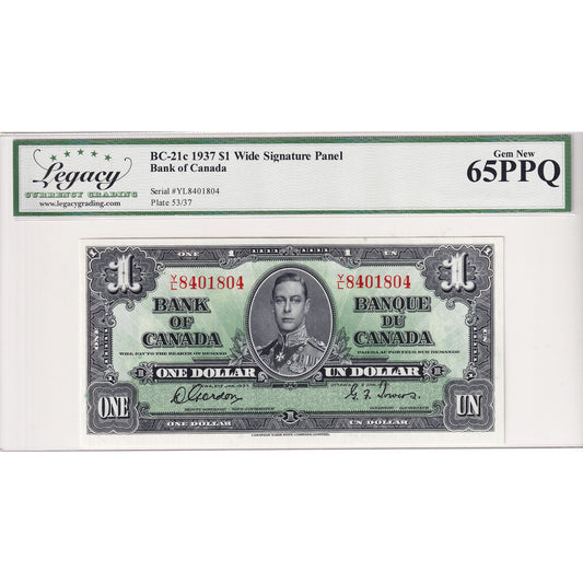 BC-21c 1937 Canada $1 Gordon-Towers, Wide Sig. Panel, Y/L Legacy Certified GUNC-65 PPQ