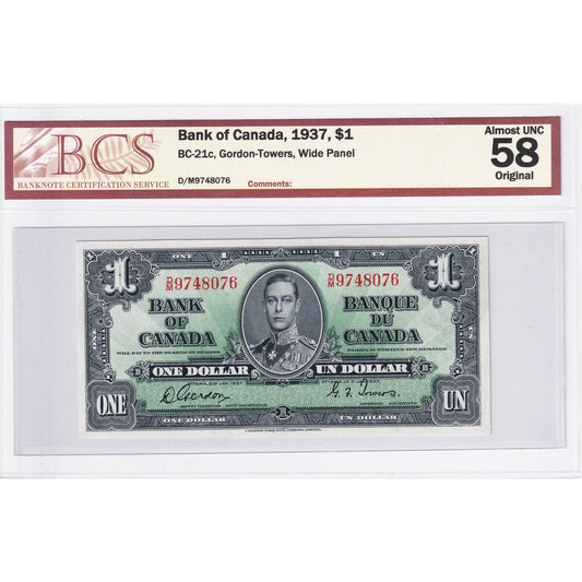 BC-21c 1937 Canada $1 Gordon-Towers, Wide Sig. Panel, D/M BCS Certified AU-58 Original