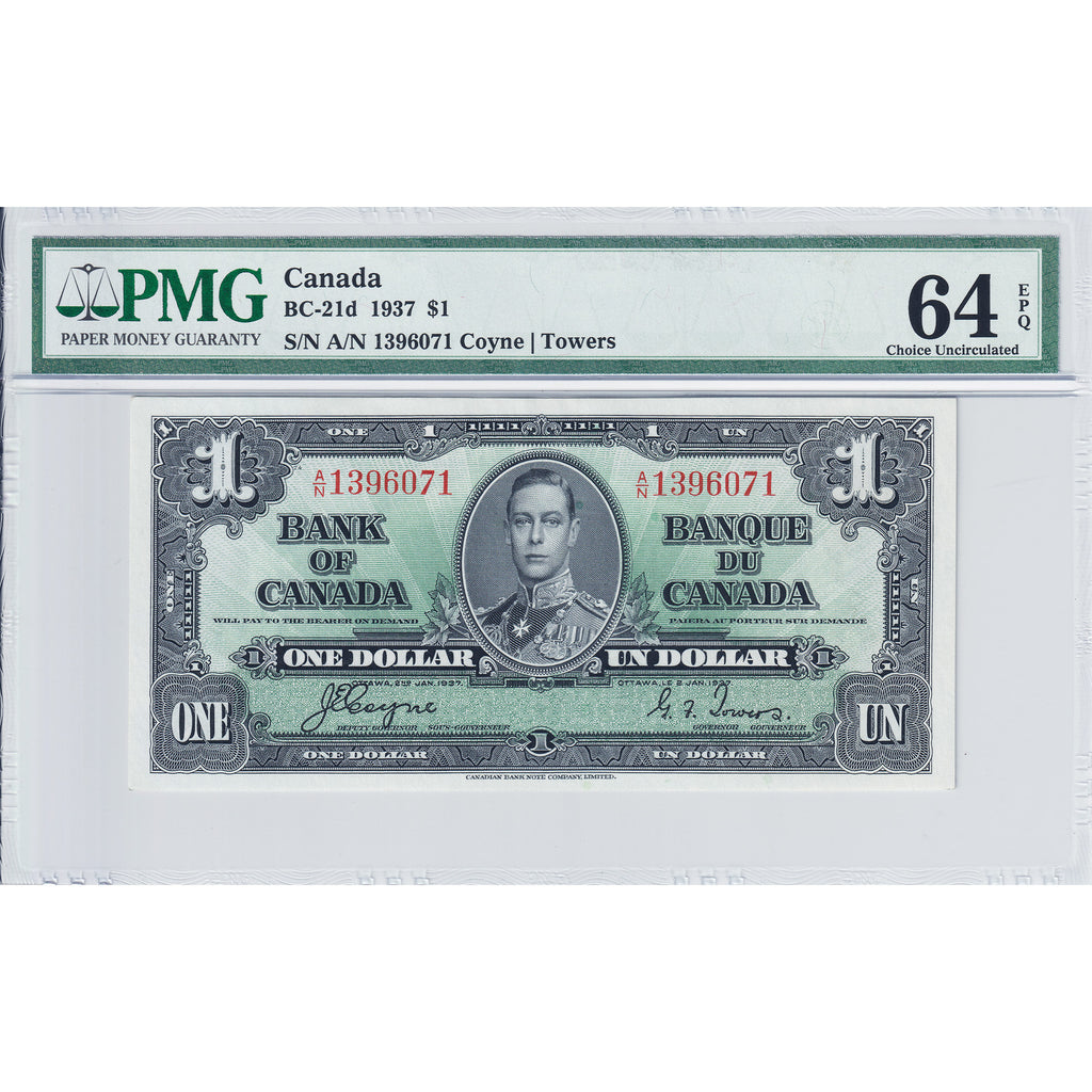 BC-21d 1937 Canada $1 Coyne-Towers, A/N PMG Certified CUNC-64 EPQ