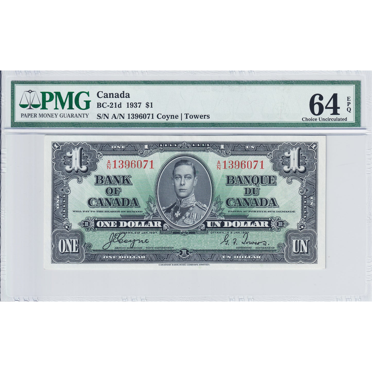 BC-21d 1937 Canada $1 Coyne-Towers, A/N PMG Certified CUNC-64 EPQ