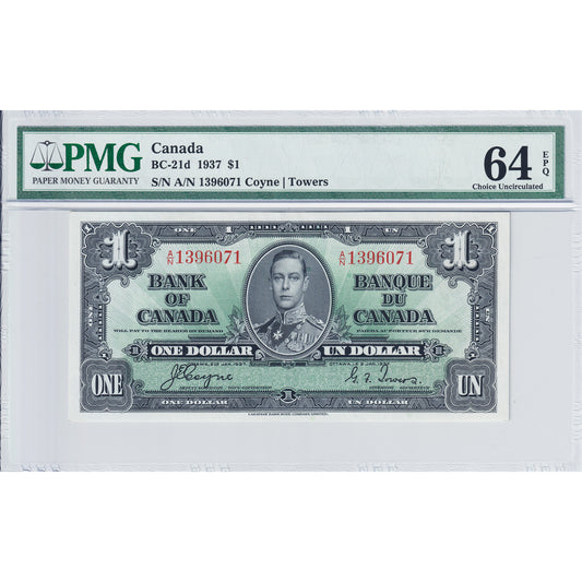 BC-21d 1937 Canada $1 Coyne-Towers, A/N PMG Certified CUNC-64 EPQ