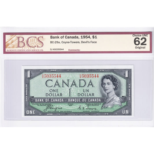BC-29a 1954 Canada $1 Coyne-Towers, Devil's Face, D/A BCS Certified CUNC-62 Original