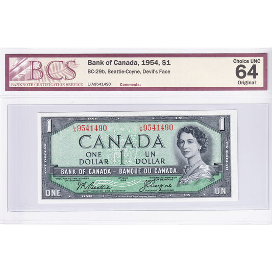BC-29b 1954 Canada $1 Beattie-Coyne, Devil's Face, L/A BCS Certified CUNC-64 Original