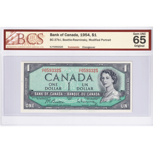 BC-37b-i 1954 Canada $1 B-R, Modified, Changeover, H/F BCS Certified GUNC-65 Original
