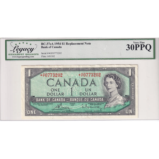 BC-37cA 1954 Canada $1 Bouey-Ras., Modified, Replacement, *H/F Legacy Cert. VF-30 PPQ