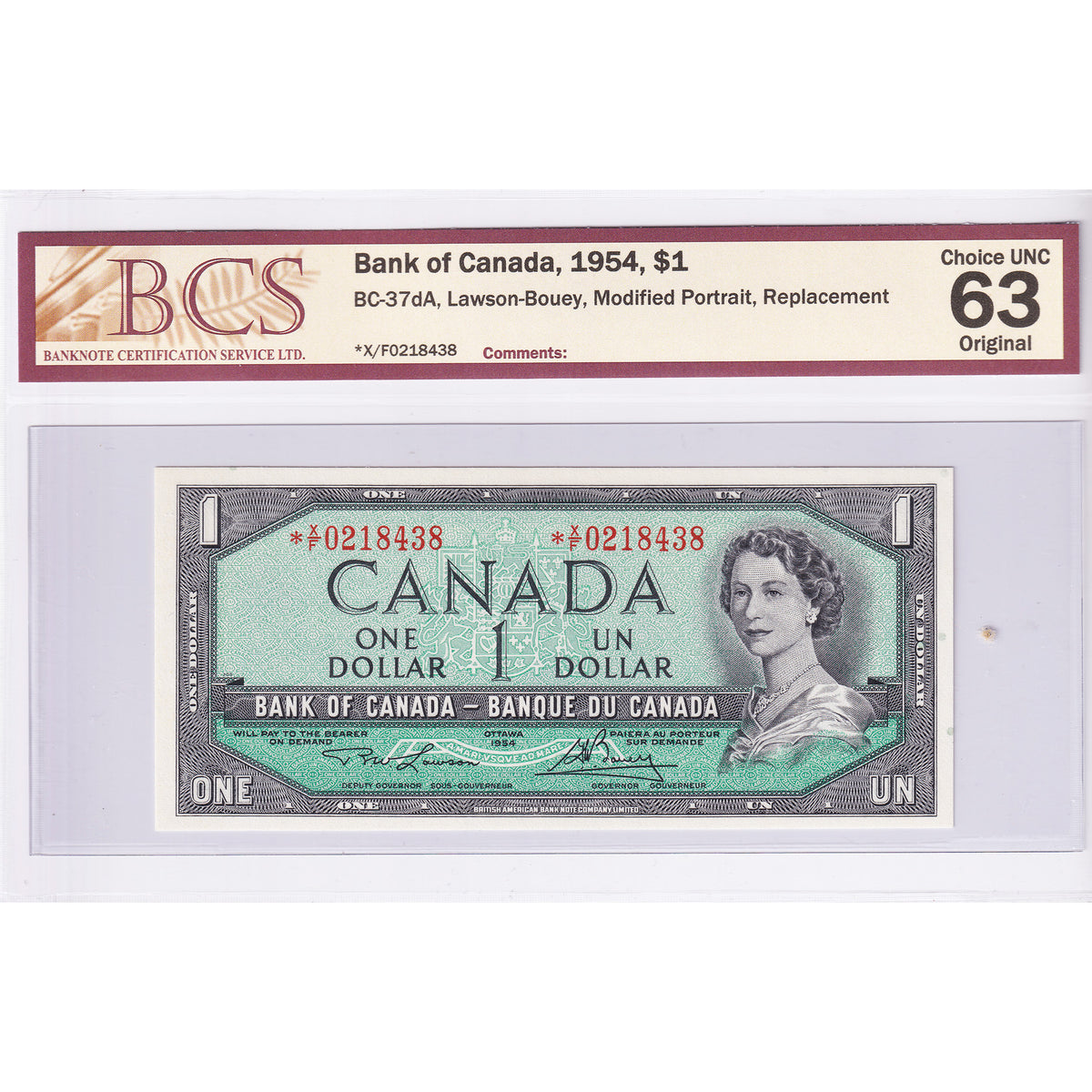 BC-37dA 1954 Canada $1 Lawson-Bouey, Modified, Replacement, *X/F BCS Cert. CUNC63 Orig.