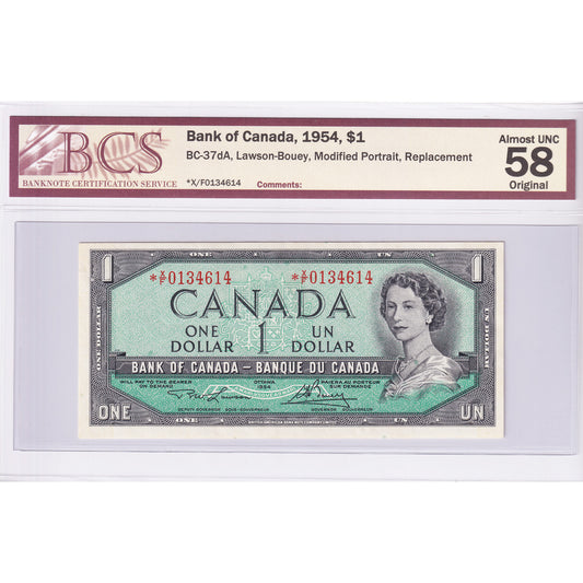 BC-37dA 1954 Canada $1 Lawson-Bouey, Modified, Replacement, *X/F BCS Cert. AU-58 Orig.
