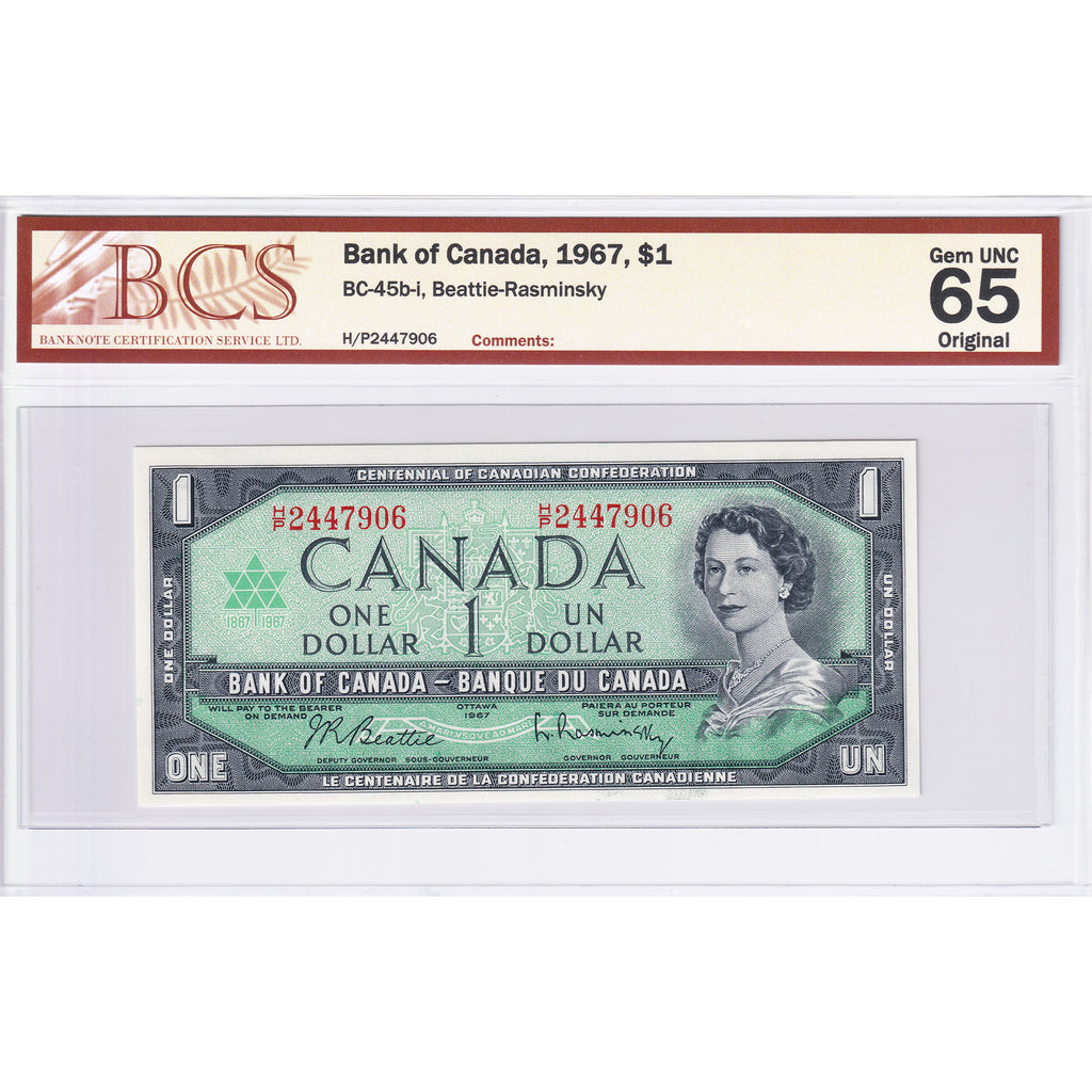 BC-45b-i 1967 Canada $1 Beattie-Rasminsky, H/P BCS Certified GUNC65 Original