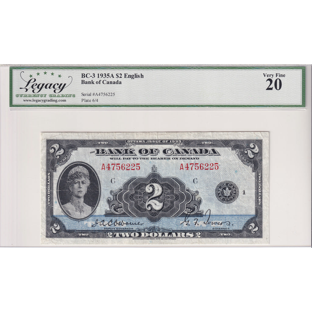 BC-3 1935 Canada $2 Osborne-Towers, English, Series A, Check C Legacy Certified VF-20