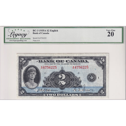 BC-3 1935 Canada $2 Osborne-Towers, English, Series A, Check C Legacy Certified VF-20