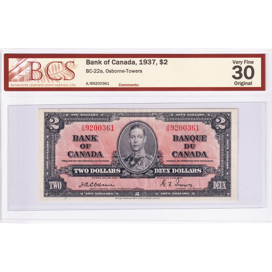 BC-22a 1937 Canada $2 Osborne-Towers, A/B BCS Certified VF-30 Original
