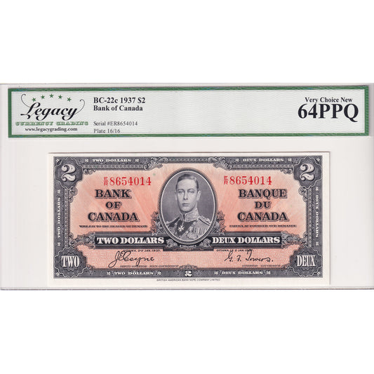 BC-22c 1937 Canada $2 Coyne-Towers, E/R Legacy Certified CUNC-64 PPQ