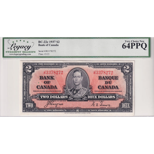 BC-22c 1937 Canada $2 Coyne-Towers, J/R Legacy Certified CUNC-64 PPQ
