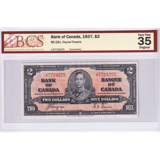 BC-22c 1937 Canada $2 Coyne-Towers, J/R BCS Certified VF-35 Original