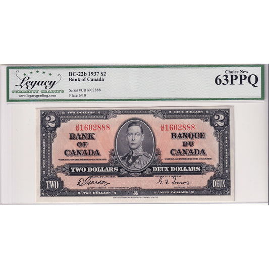 BC-22b 1937 Canada $2 Gordon-Towers, U/B Legacy Certified CUNC-63 PPQ